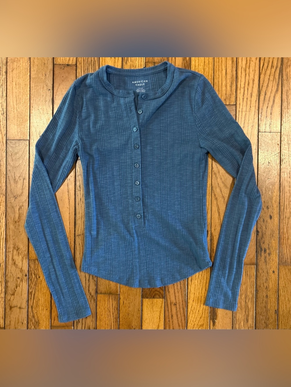 American Eagle Soft & Sexy Ribbed Henley Long Sleeve Top Blue Small